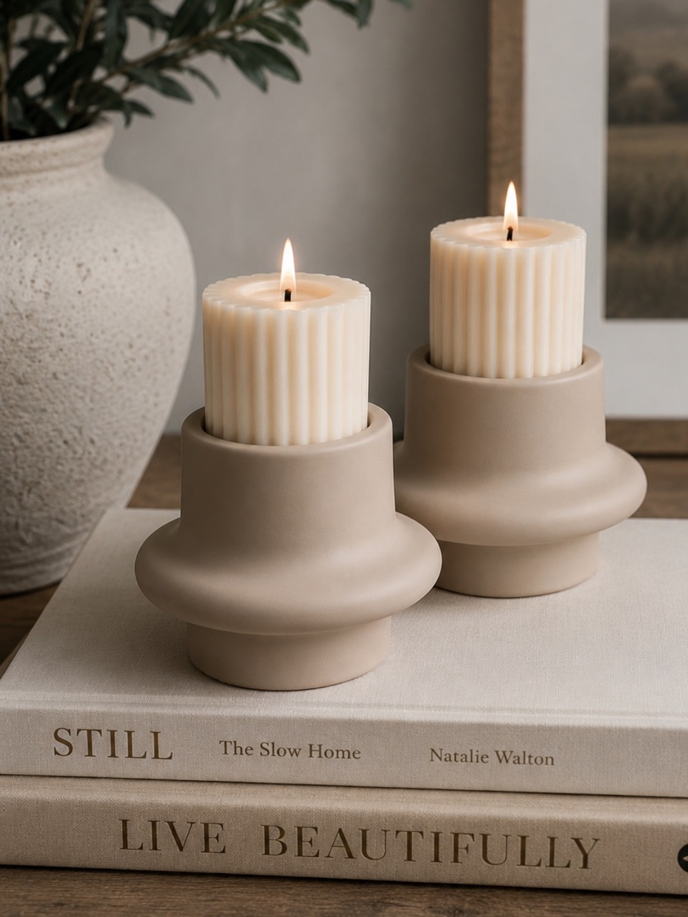 Pair Bloomingville Matte Candle Holders in Sand | Matte Scandinavian Decor